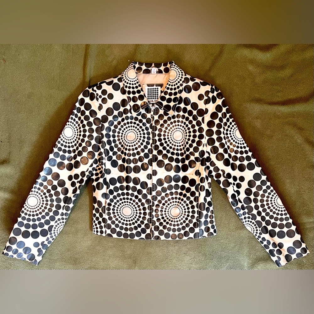 Vintage Retro Pattern Leather Zip Up Jacket Size Medium Pre Owned